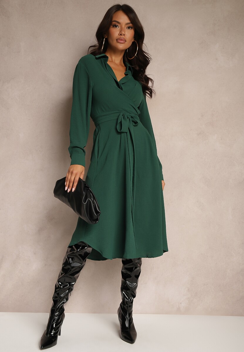 Bordowa Sukienka Midi z Kołnierzykiem i Materiałowym Paskiem Rasik