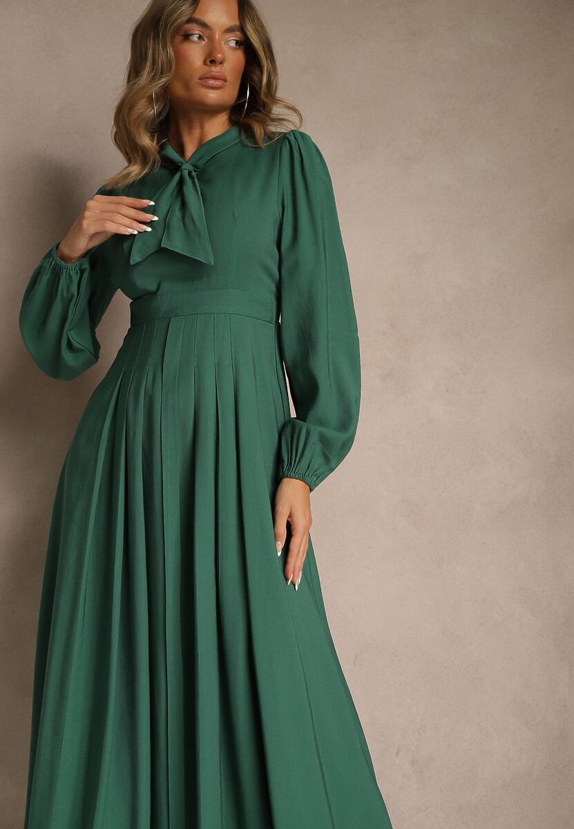 Bordowa Sukienka Plisowana z Wiskozy Ozdobiona Wiązaniem Farrive