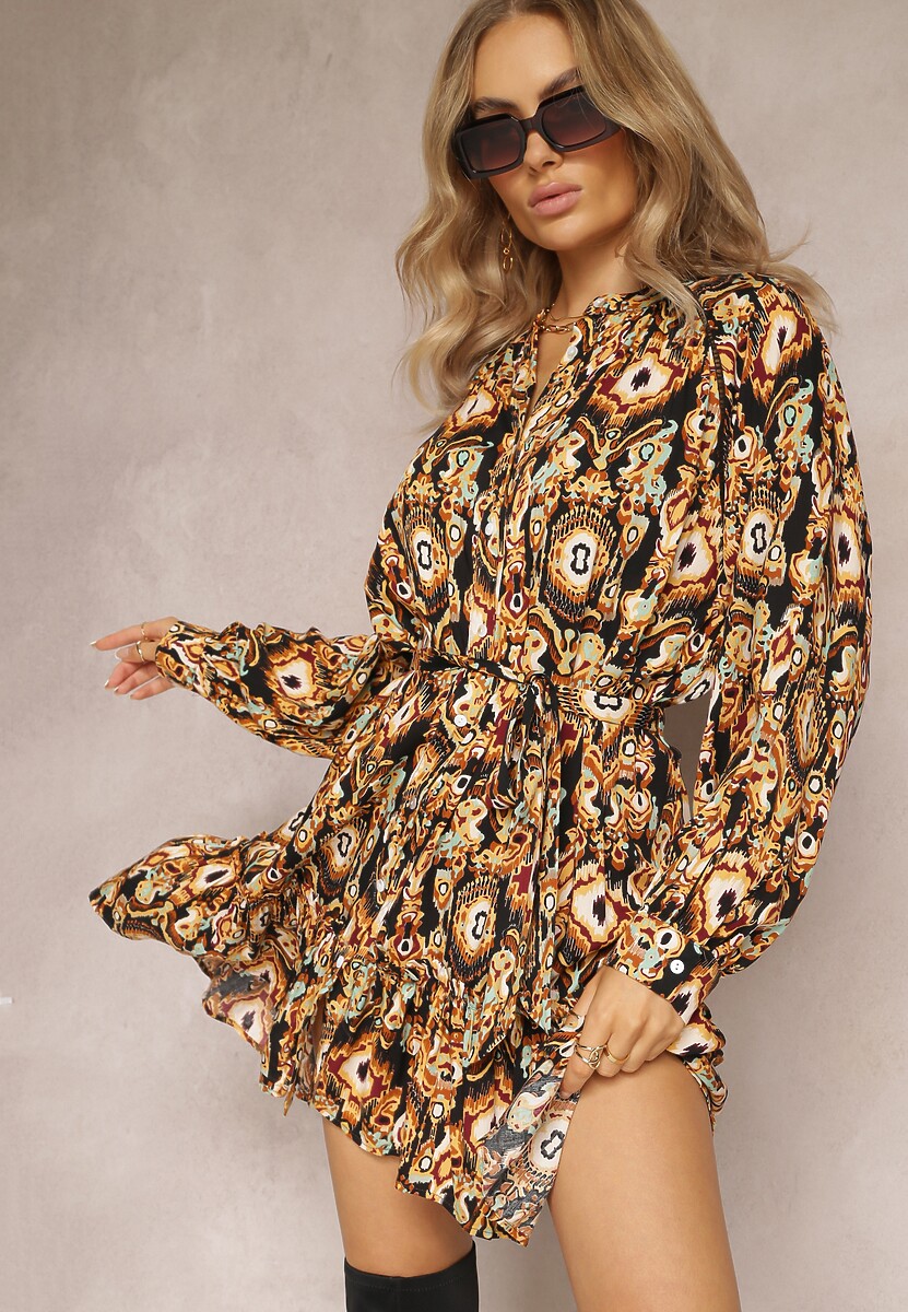 Beżowo-Brązowa Sukienka Pudełkowa z Wiązanym Paskiem Isovae