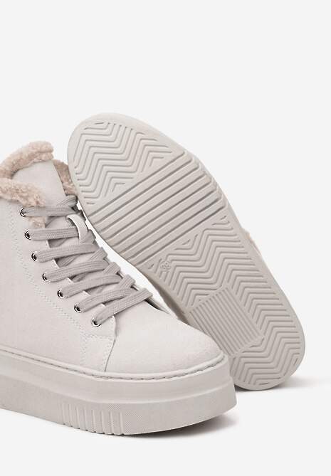 Szare Botki na Platformie ze Sznurowaniem Tłoczoną Aplikacją i Futerkiem Esadwenna