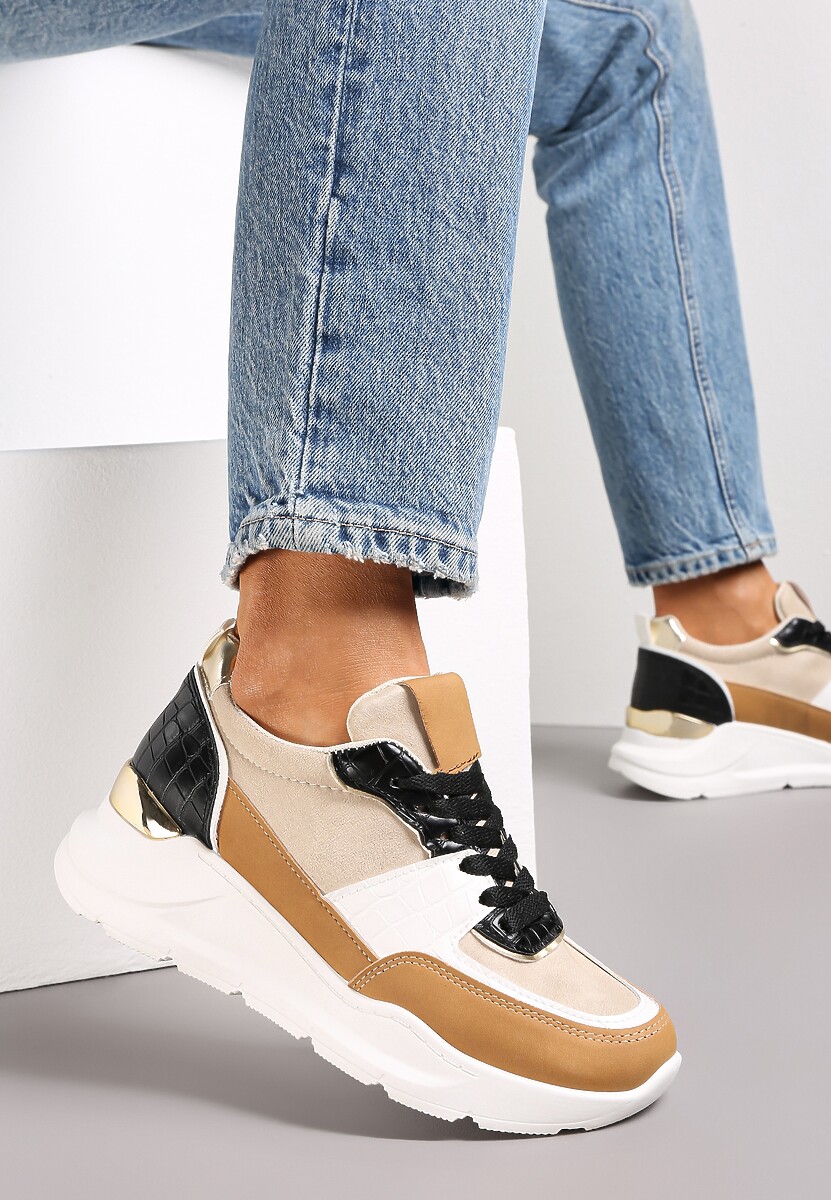 Brązowe Sneakersy na Platformie z Tłoczoną i Metaliczną Wstawką z Tyłu Biorli