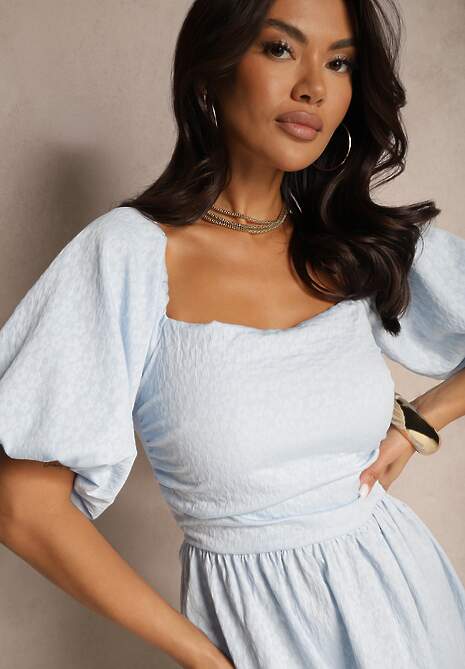 Niebieska Rozkloszowana Sukienka z Elastyczną Górą i Bufkami na Ramionach Velzemia