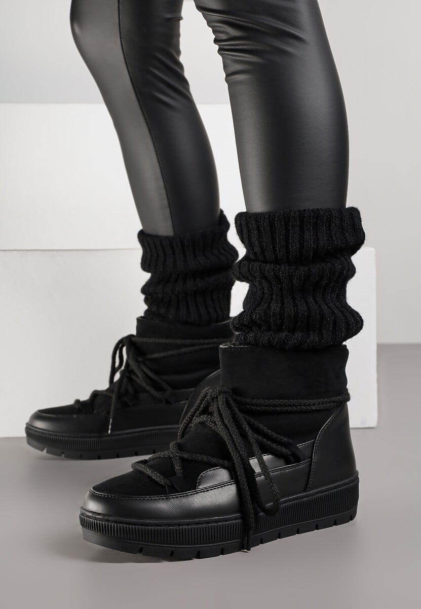 Czarne Sznurowane Śniegowce ze Wsuwaną Cholewką i Futerkiem Typu Baranek Mevirania