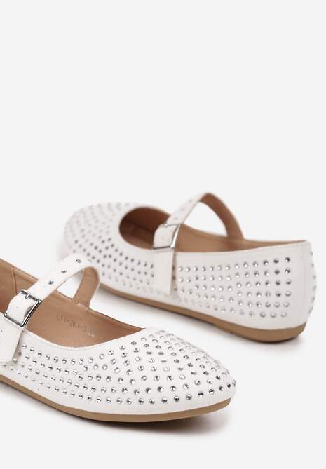 Białe Balerinki na Płaskiej Podeszwie w Stylu Mary Jane z Cyrkoniami i Ozdobnym Paskiem Ivilra