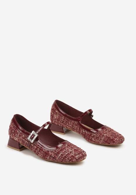 Bordowe Czółenka Tweedowe na Słupku w Stylu Mary Jane Ozdobione Lakierowanymi Wstawkami Valentta