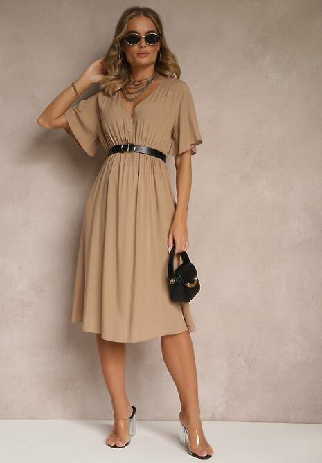 Ciemnobeżowa Rozkloszowana Sukienka z Bawełnianej Tkaniny Lirioneae