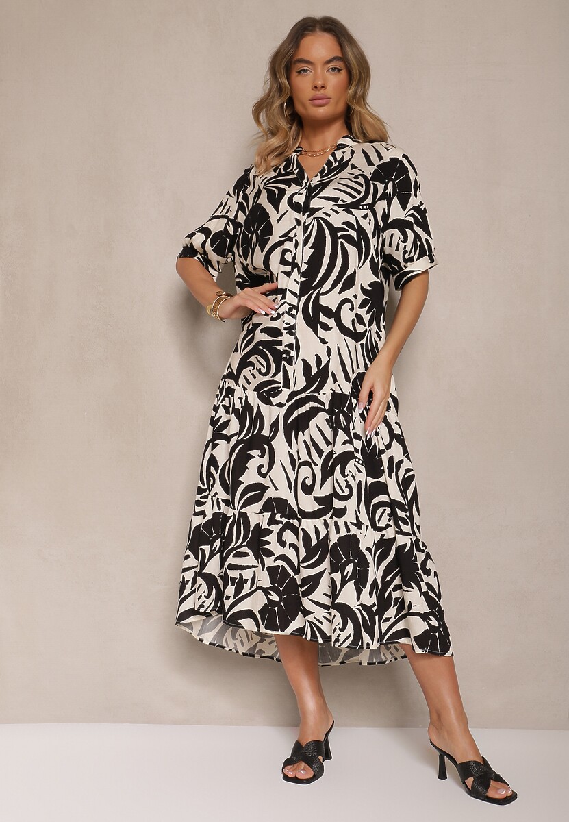 Czarna Rozkloszowana Sukienka z Wiskozy Ozdobiona Falbaną Filesenia