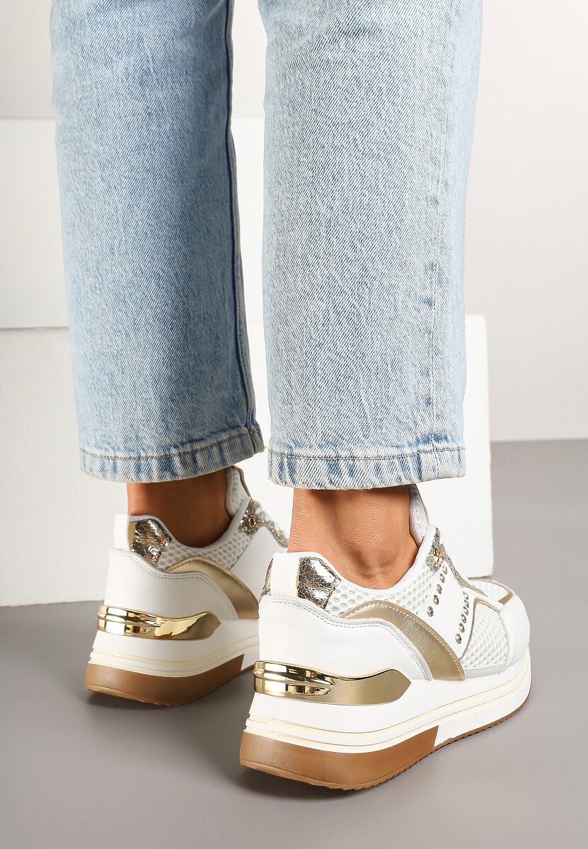 Biało-Złote Sneakersy na Platformie Ozdobione Metalicznymi Aplikacjami i Cyrkoniami Tatindra