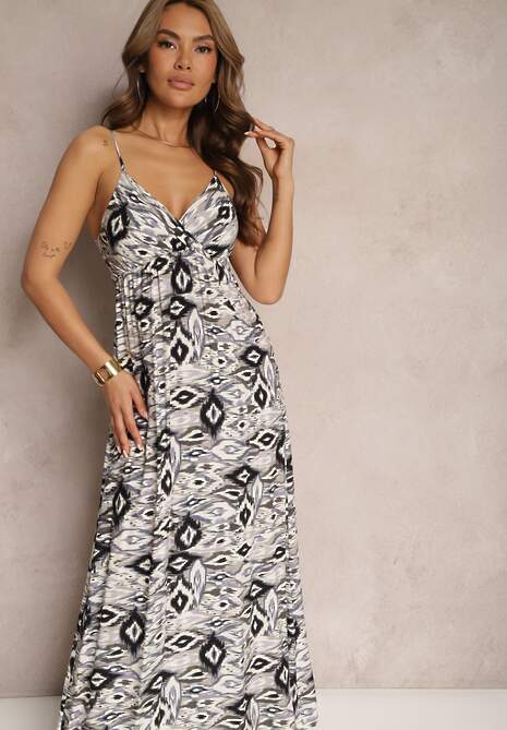 Biało-Czarna Wiskozowa Sukienka z Dekoltem w Serek z Regulowanymi Ramiączkami i Gumką w Talii Bellastar