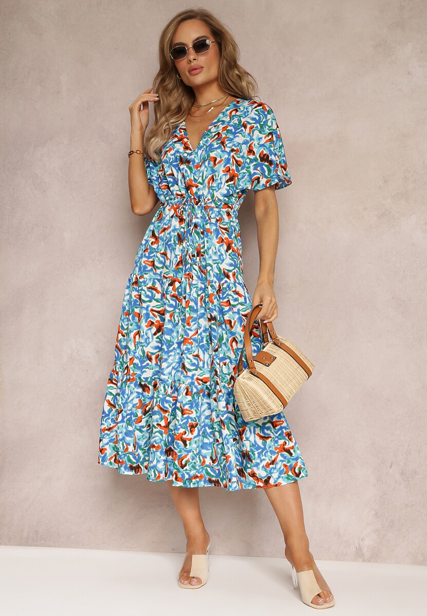 Niebieska Sukienka Midi ze Ściągaczem w Talii i Krótkimi Rękawami Rhoslana