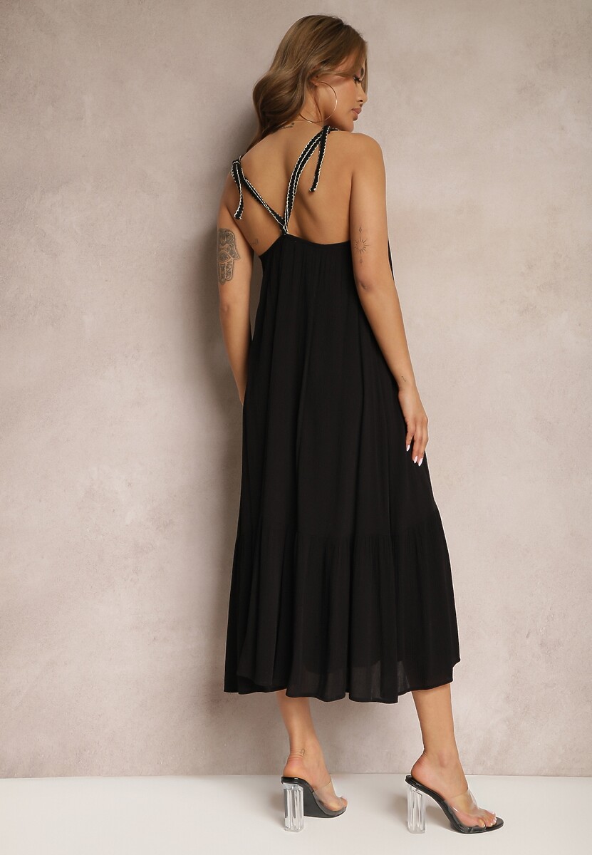 Czarna Sukienka z Wiskozy na Ramiączkach Zdobiona Cekinami i Metaliczną Nitką Beloe