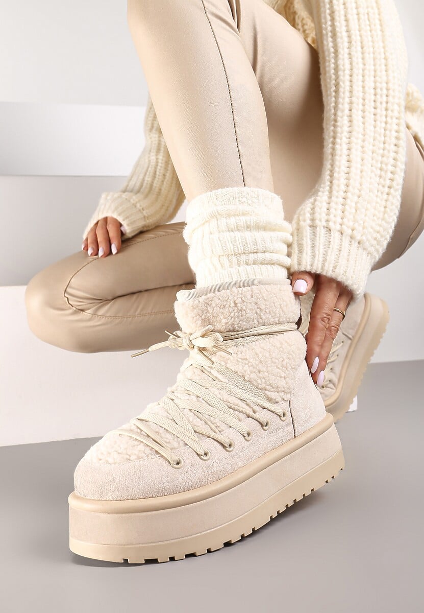 Ciemnobeżowe Śniegowce na Platformie Wykończone Sztucznym Futerkiem Terilani