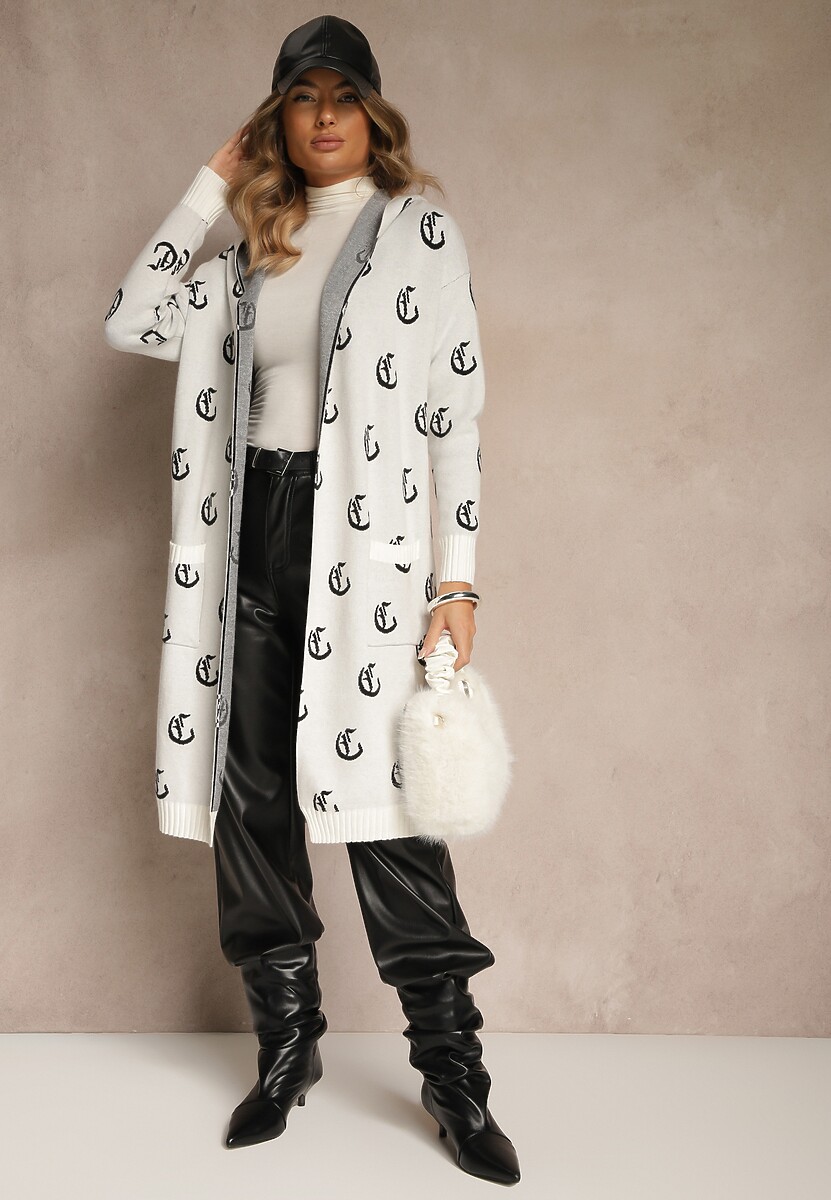 Jasnoszary Kardigan z Kapturem Ozdobiony Geometrycznym Motywem Ralanessa