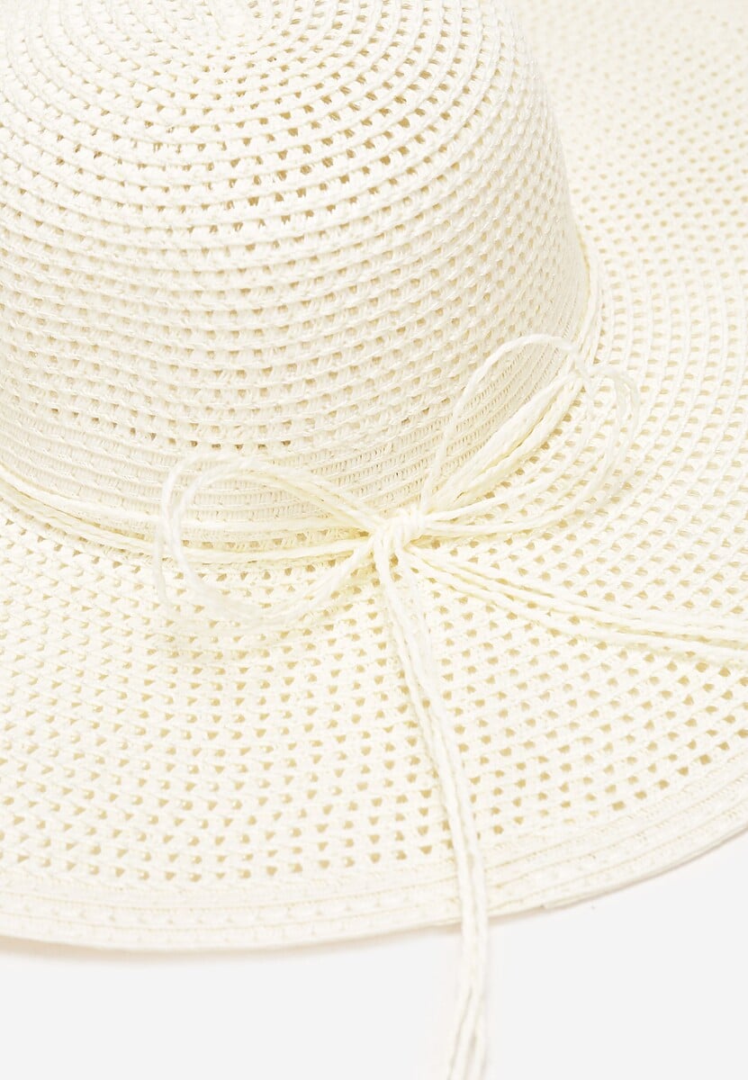 Beżowy Szeroki Kapelusz z Plecionki Ozdobiony Wiązaniem Anothy