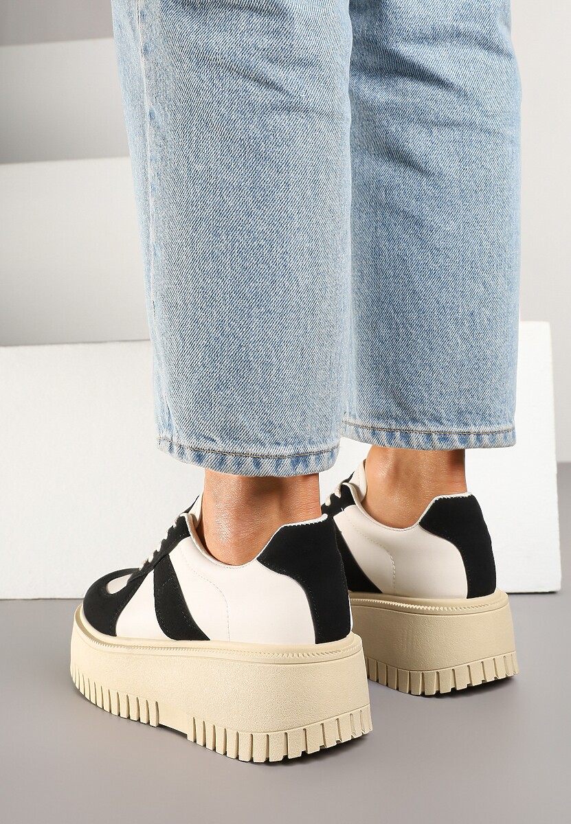 Czarno-Beżowe Sneakersy na Platformie Ozdobione Paskiem Vivesse