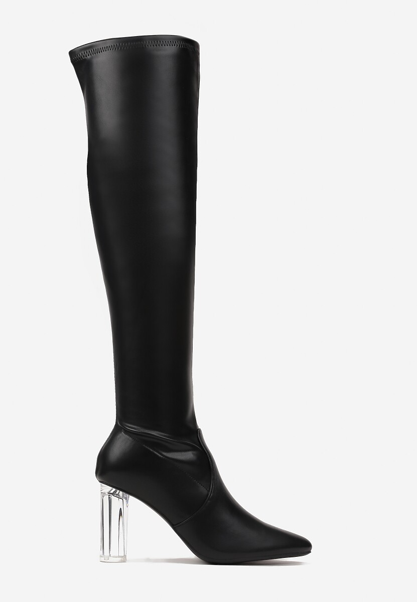 Czarne Dopasowane Kozaki za Kolano na Transparentnym Obcasie Celline