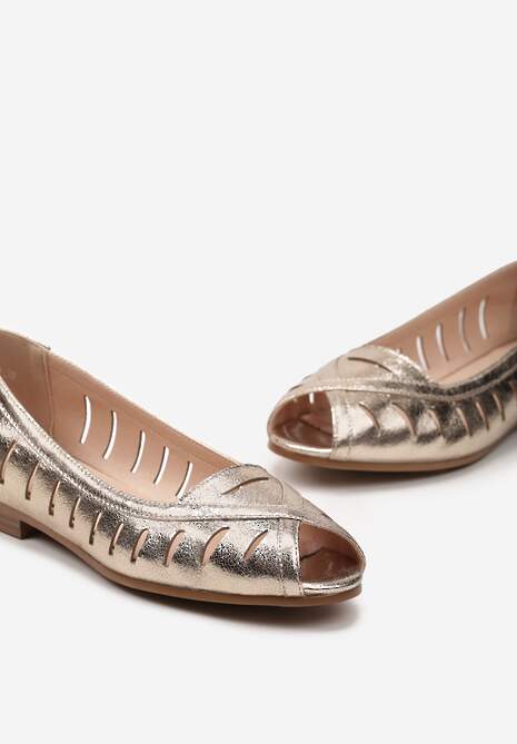 Złote Ażurowe Balerinki Peep Toe z Wkładką ze Skóry Naturalnej Darifna
