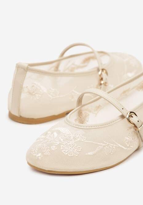 Beżowe Koronkowe Balerinki w Stylu Mary Jane z Haftowanej Siateczki Tilaverra