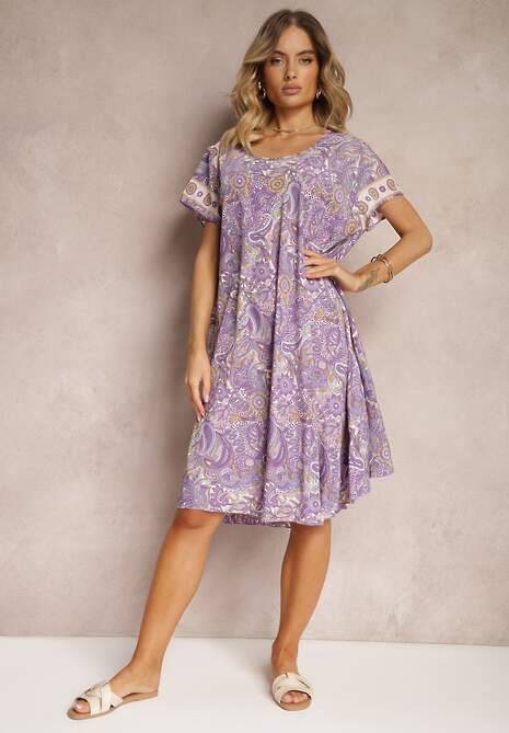 Fioletowa Sukienka Boho z Wiskozy z Cienkim Paskiem w Talii Rivasea