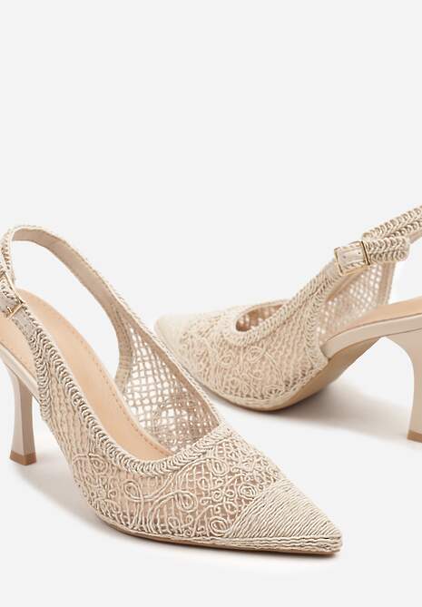 Beżowe Sandały na Szpilce Typu Slingback Ozdobione Siateczką Aranalia
