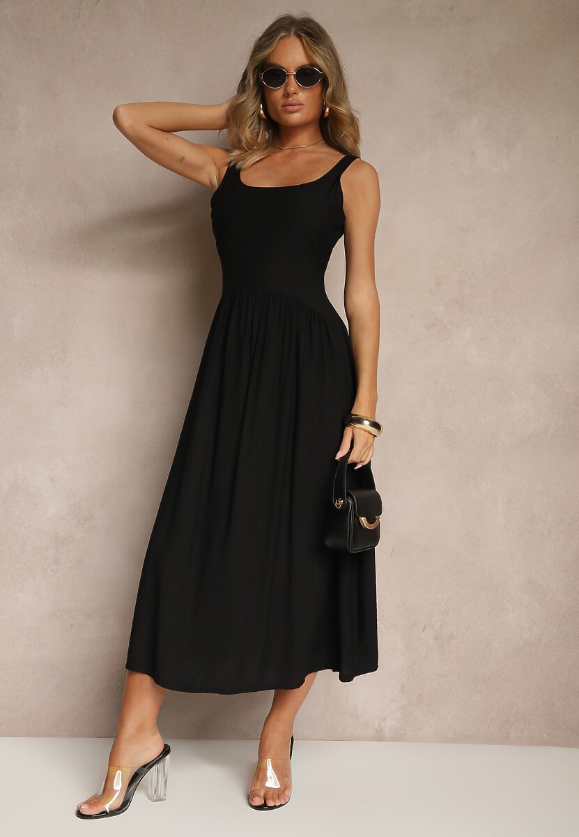 Czarna Rozkloszowana Sukienka z Wiskozy Milunisa