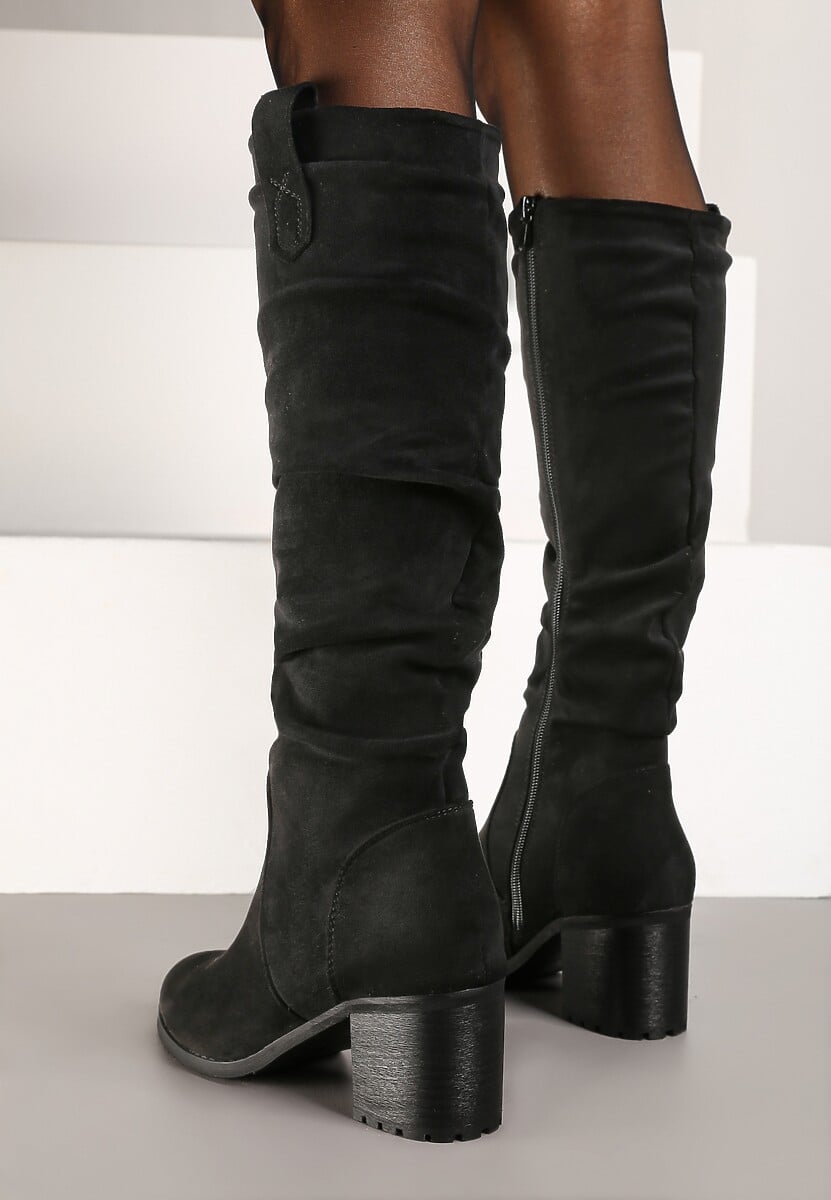 Czarne Kozaki na Klasycznym Słupku z Imitacji Zamszu Misokse