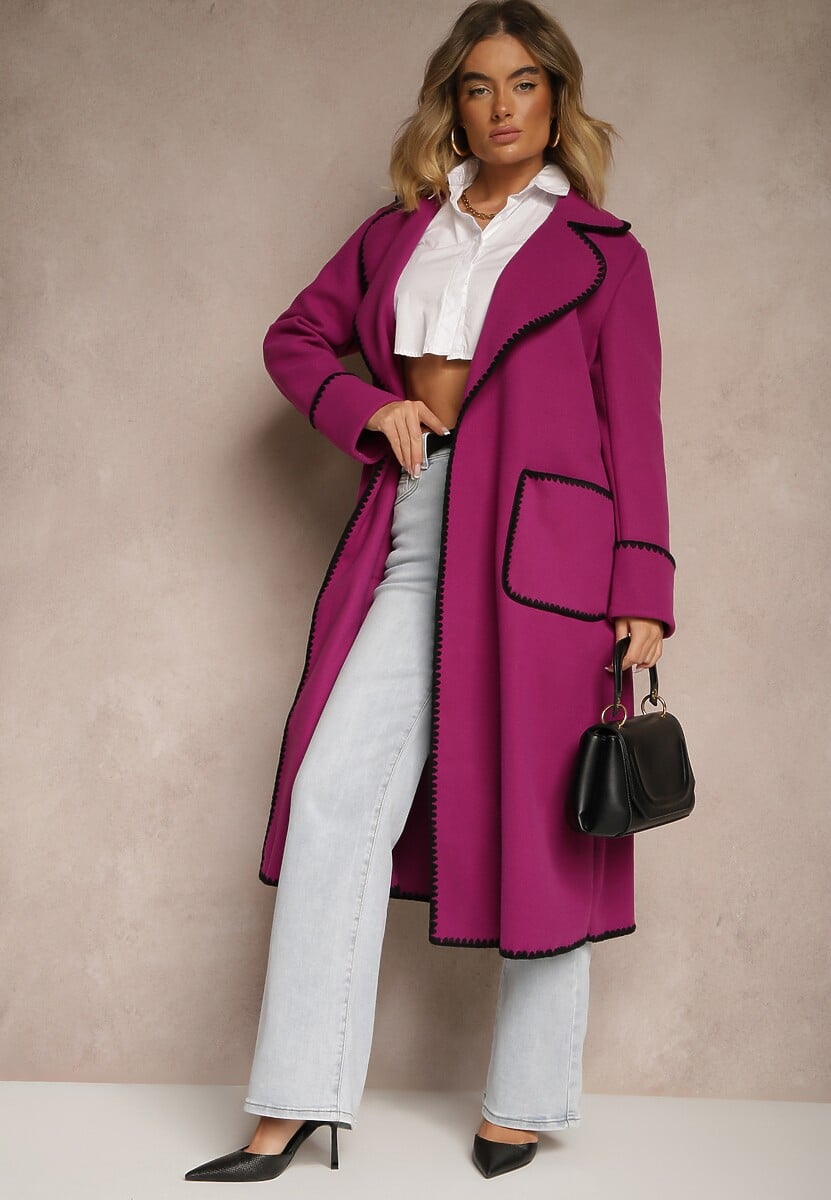 Szary Płaszcz Szlafrokowy z Wiązanym Paskiem Zdobiony Przeszyciami Enamia