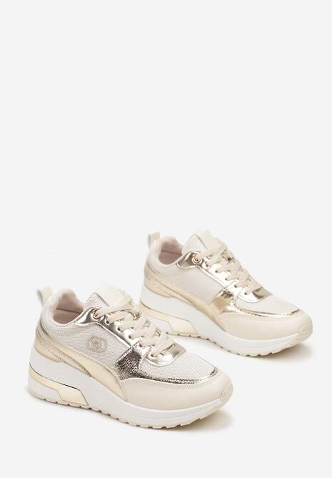 Beżowe Sznurowane Sneakersy z Ekoskóry z Siateczką i Ozdobnym Monogramem Vitalera