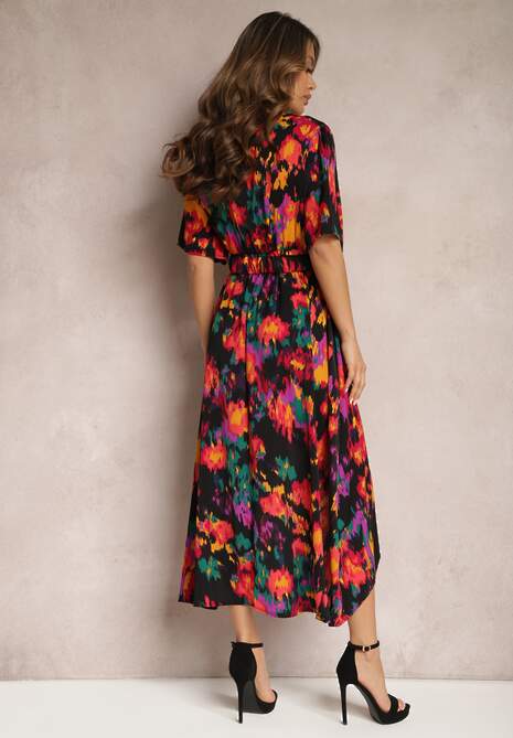 Czarno-Pomarańczowa Asymetryczna Sukienka z Gumką w Pasie i Kopertowym Dekoltem Perlana