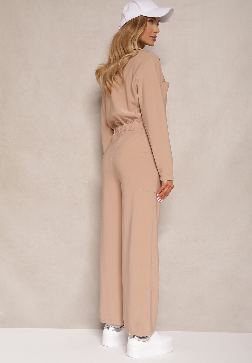 Ciemnobeżowy Kombinezon z Elastyczną Gumką w Pasie z Dodatkowym Wiązaniem o Luźnym Kroju Creera
