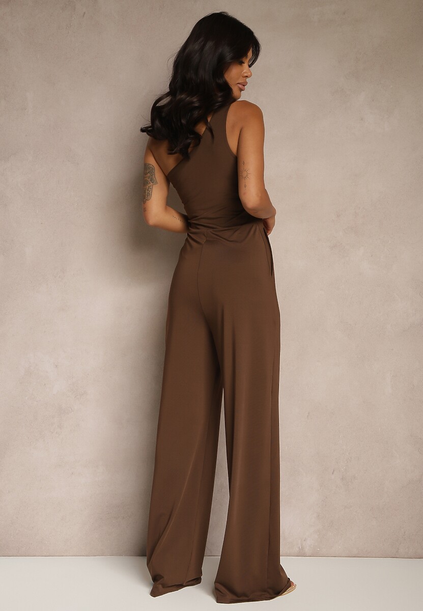 Brązowy Kombinezon Asymetryczny na Jedno Ramię z Długimi Nogawkami i Kieszeniami Efridelle