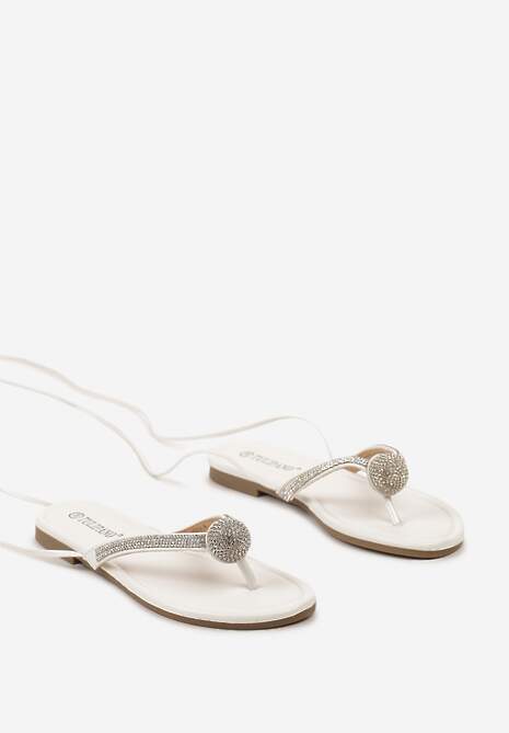 Białe Sandały w Stylu Japonek Wiązane wokół Łydki Ozdobione Cyrkoniami Lebavie
