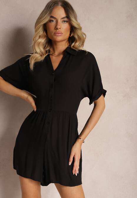 Czarny Krótki Kombinezon z Wiskozy Zapinany na Guziki Vikoti