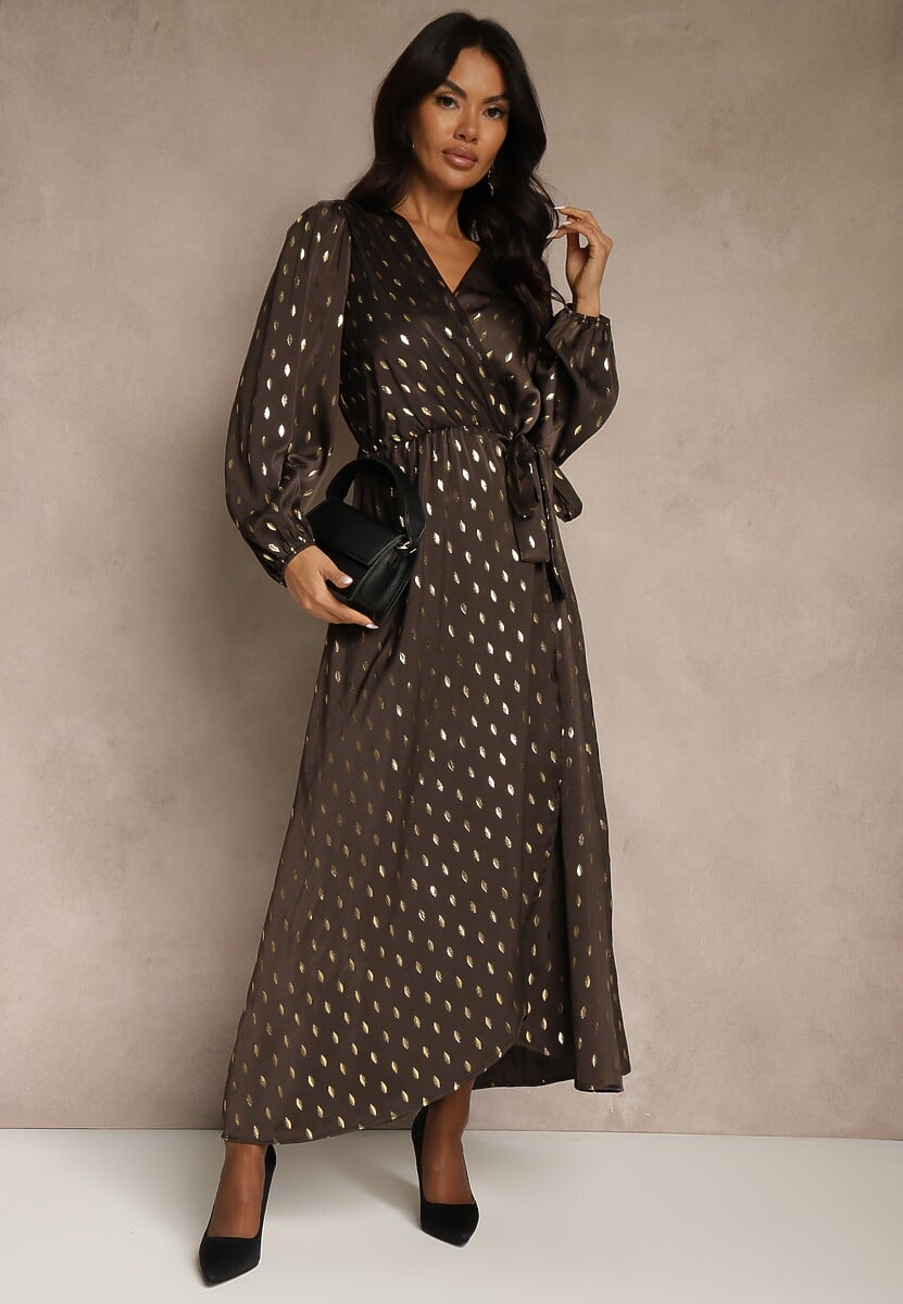 Brązowa Wiązana Sukienka o Kopertowym Kroju Zdobiona Metalicznym Printem Reinora