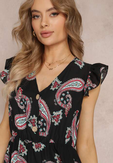 Czarna Rozkloszowana Sukienka Mini we Wzór Paisley Rachelli
