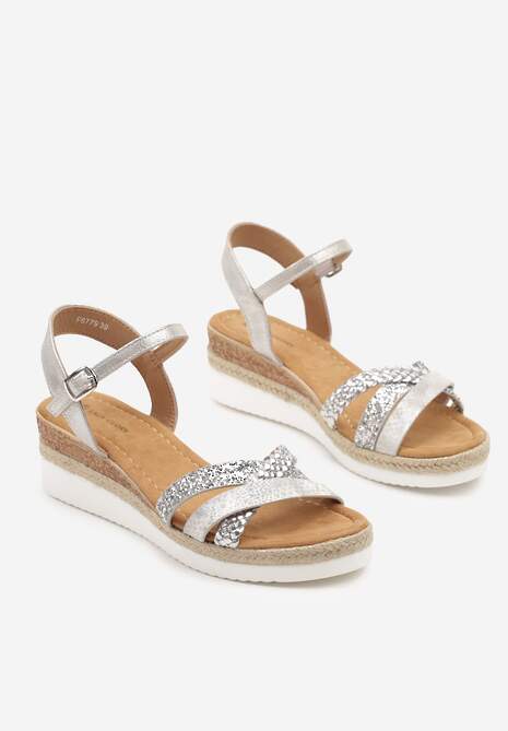 Srebrne Sandały na Koturnie z Brokatem i Plecionką Mevrissa