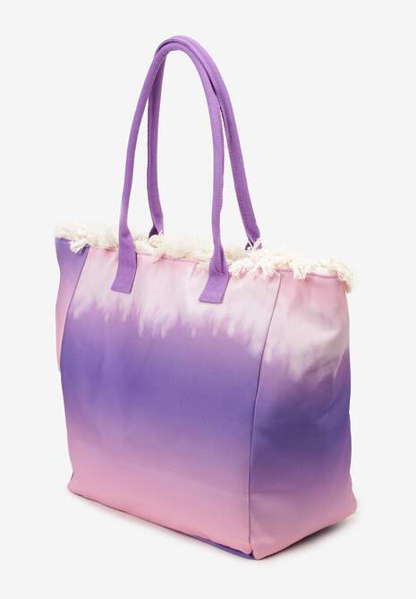 Fioletowa Duża Torebka Tote z Dwoma Uchwytami Napisami i Krótkimi Frędzlami Geminisa