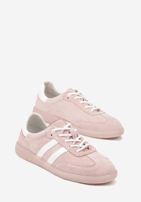 Różowe Płaskie Sneakersy ze Skóry Naturalnej z Ozdobnymi Paskami Nelarielis
