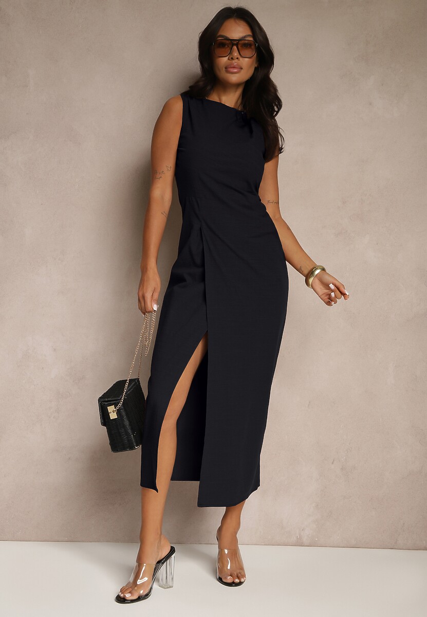 Różowa Sukienka Dopasowana z Bawełny i Wiskozy z Rozcięciem Tunaria