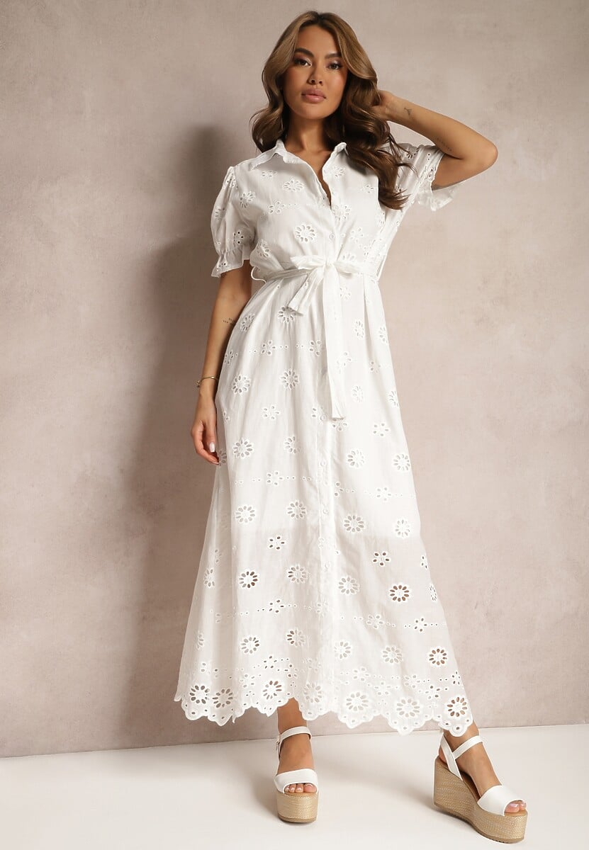 Biała Ażurowa Sukienka o Koszulowym Kroju z Haftem i Bufiastymi Rękawami Vianda