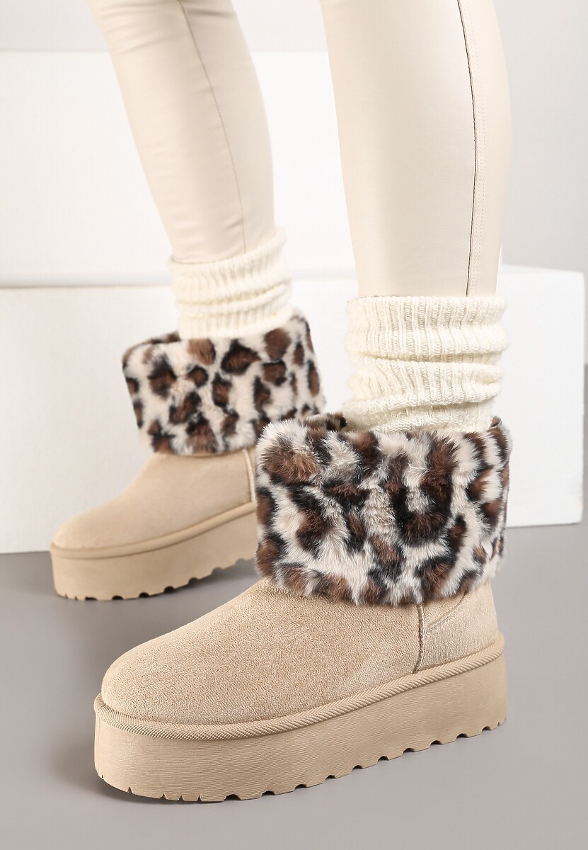 Beżowe Śniegowce z Imitacji Zamszu na Platformie z Futrzaną Cholewką w Panterkowy Wzór Reanithra