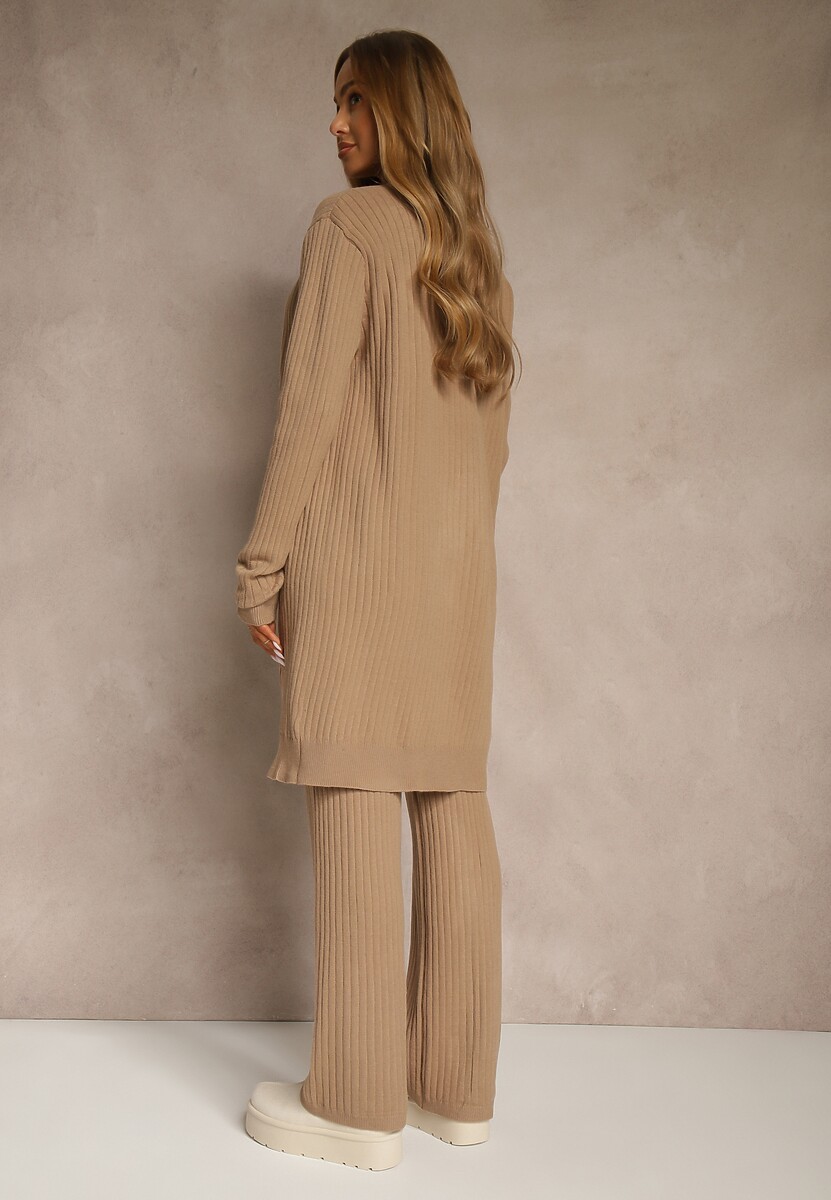Ciemnobeżowy Komplet z Dzianiny z Bawełną Spodnie Kamizelka i Długi Kardigan Mevalinia