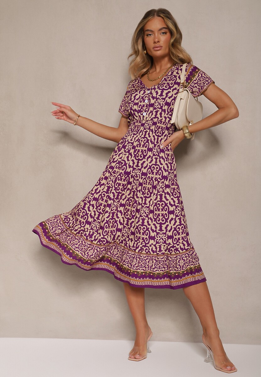 Ciemnofioletowa Sukienka z Bawełny Ozdobiona Ornamentnym Motywem Fillena