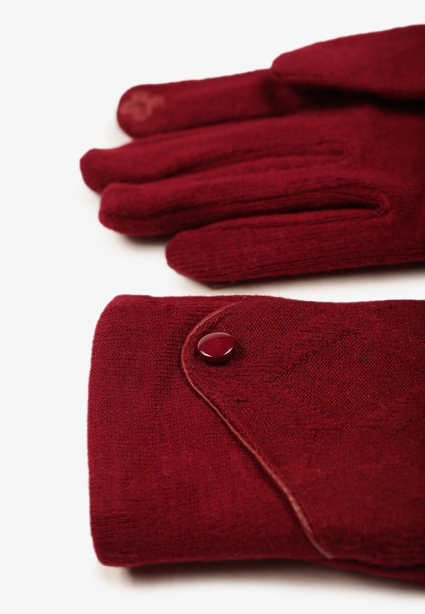 Bordowe Dzianinowe Rękawiczki Eleganckie z Ozdobnym Guzikiem Senindra