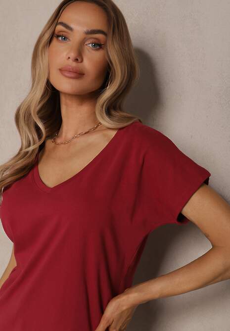 Bordowy T-shirt z Bawełny z Dekoltem w Serek Linithiela