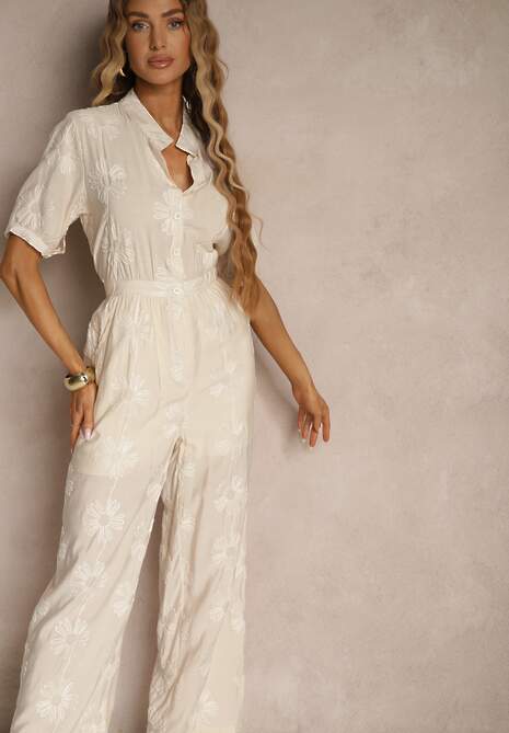 Beżowy Koszulowy Kombinezon z Wiskozy z Krótkim Rękawem i Wsuwanymi Kieszeniami Miliane