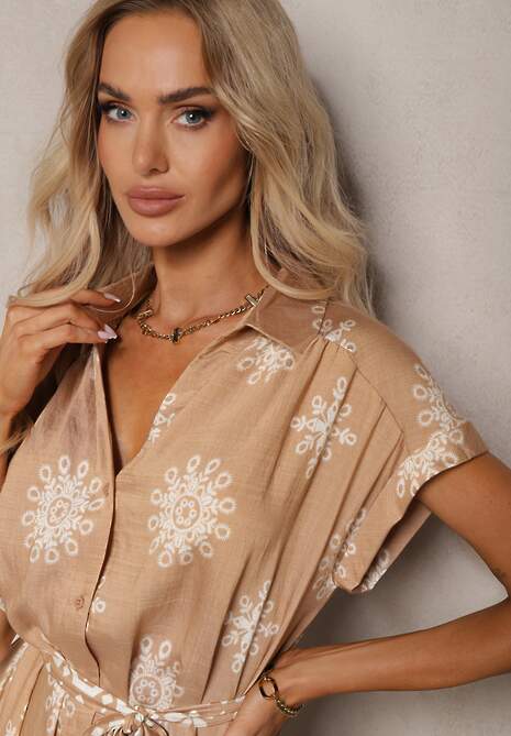 Beżowa Sukienka z Dodatkiem Wiskozy o Kroju Koszulowym Wykończona Paskiem i Guzikami Mivavia