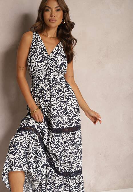 Granatowo-Biała Taliowana Sukienka z Bawełny na Ramiączkach z Gumką w Pasie Yalnena