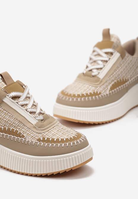 Ciemnobeżowe Tweedowe Sneakersy na Platformie z Przeszyciem Orilenes