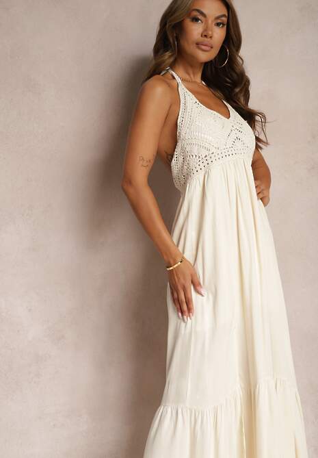 Beżowa Sukienka Boho Rozkloszowana z Wiskozy Risalenne